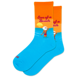 Pair of socks with a beach-themed design on an orange and blue background