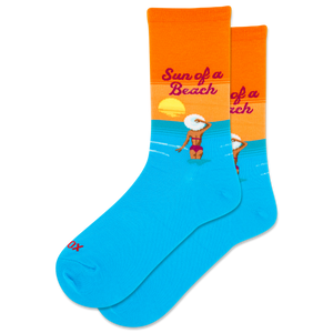 Pair of socks with a beach-themed design on an orange and blue background