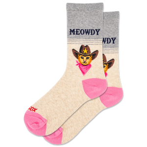 Cat-themed socks with cowboy hat design and 'MEOWDY' text on a white background