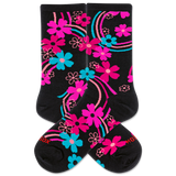 Women's black socks with a vibrant floral pattern featuring hot pink, magenta and blue colors.