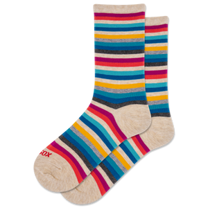 Colorful striped socks with a brand logo on a white background