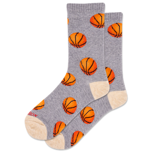 Gray socks with orange basketball patterns on a white background