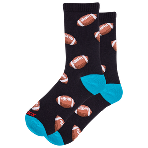 Black socks with football pattern and blue toes on a white background