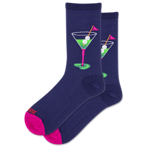 Navy socks with martini glass design on a white background