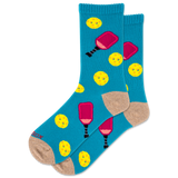 Women's blue socks featuring a pickleball pattern.