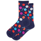 Navy socks with colorful gold ball pattern on a white background