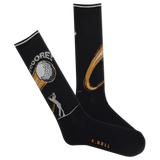 A pair of K.Bell men's active golf crew socks in black with a gold and green design, featuring a golf ball and tees and the phrase 'Fooore!" thumbnail