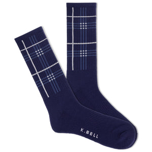 Men's navy blue plaid crew socks with white accents.