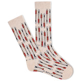 A pair of men's crew socks with a southwestern arrow motif in a tan color. thumbnail