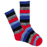 A pair of men's striped active boot socks in blue, red, and gray colors. thumbnail