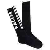 A pair of black crew socks with the word 'Baller' written in white on the side, featuring reflective logo, arch support, and cushioned sole. thumbnail
