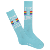 A pair of blue crew socks with a rainbow-colored stripe and the text 'This is love' displayed on the ankle area. thumbnail
