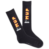 Black socks with orange and white text and graphics on a white background