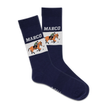 Navy socks with horse and rider design and 'Marco' branding on a white background