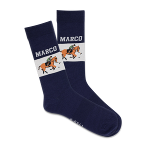 Navy socks with horse and rider design and 'Marco' branding on a white background