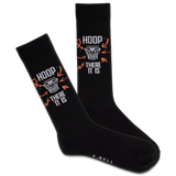 Black socks with orange and white designs saying 'hoop there it is' with a basketball net on a white background