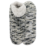 Pair of gray and black patterned slippers with white fleece lining on a white background thumbnail