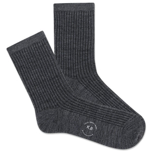 Pair of gray socks with a brand logo on a white background
