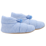 Pair of blue slippers with pom pom details on a white background thumbnail