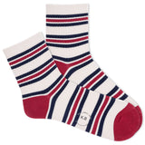 Beige K.Bell socks with navy and red stripes. thumbnail