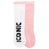White socks with 'Iconic' text and a pink stripe at the top of cuff and a solid pink sock with a white stripe at the top of the cuff. thumbnail