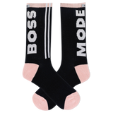 Black socks with 'BOSS' and 'MODE' text and pink accents on a white background