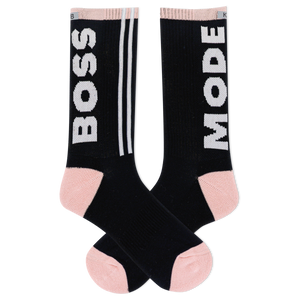 Black socks with 'BOSS' and 'MODE' text and pink accents on a white background