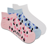 Three pairs of low cut socks with abstract animal brush stroke patterns in blue, pink, and white colors.