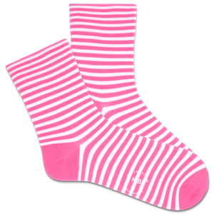 Pink and white striped socks being worn with a clear blue sky and palm trees in the background