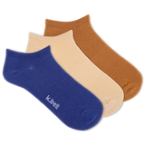 Set of three ankle socks in blue, beige, and brown on a white background with 'k.bell' branding.