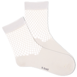 White K.Bell ankle socks with crochet net cuff.