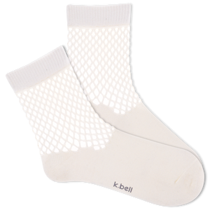 White K.Bell ankle socks with crochet net cuff.